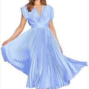 Mascomoda Large Satin Plunge Neck Pleated Midi Dress NWT